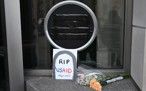 A sign left outside the USAID headquarters in Washington D.C. this past Friday. 