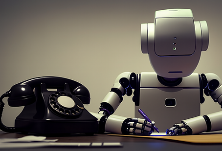 Imagem de Robo sentado em mesa de escritório com telefone de disco