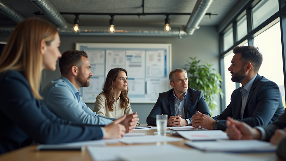 Eye-level view of a team brainstorming in an office environment