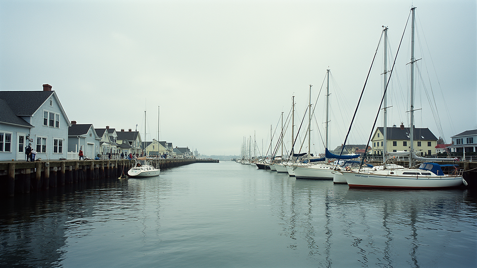 Wide angle view of Camden's harbor and sailboats