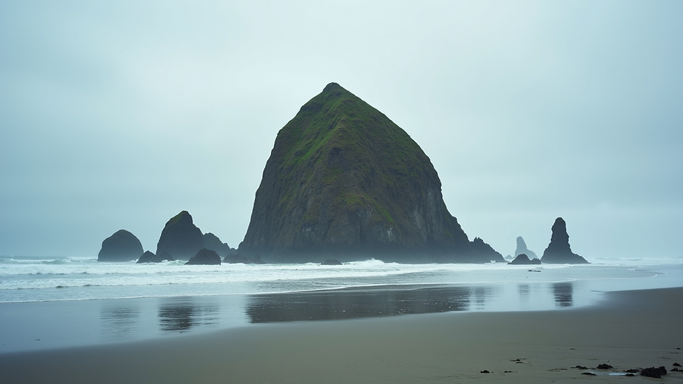 Wide angle view of Haystack Rock at Cannon Beach
