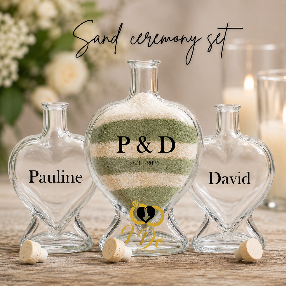 Personalised Heart Sand Ceremony Set Ireland with one 18cm centre bottle, two 14cm named side bottles and coloured wedding sa