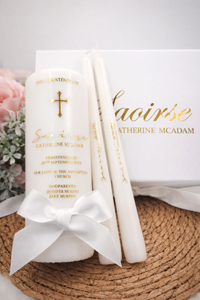 personalised christening candle, godparents candles and a box