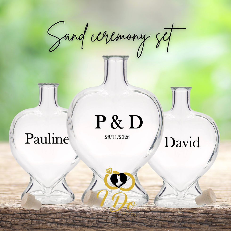 Personalised Heart Sand Ceremony Set Ireland with one 18cm centre bottle, two 14cm named side bottles and coloured wedding sa