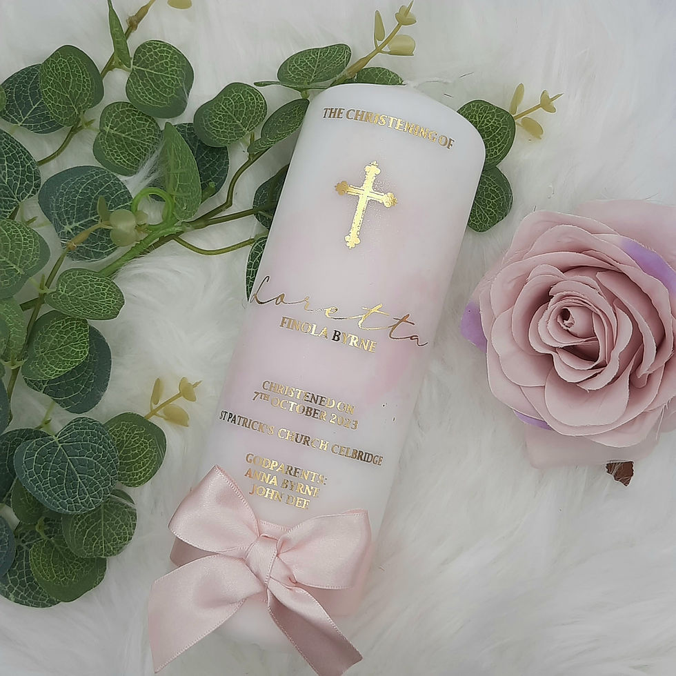 Thumbnail: Personalised Gold Christening / Baptism candle with light pink ribbon In Ireland