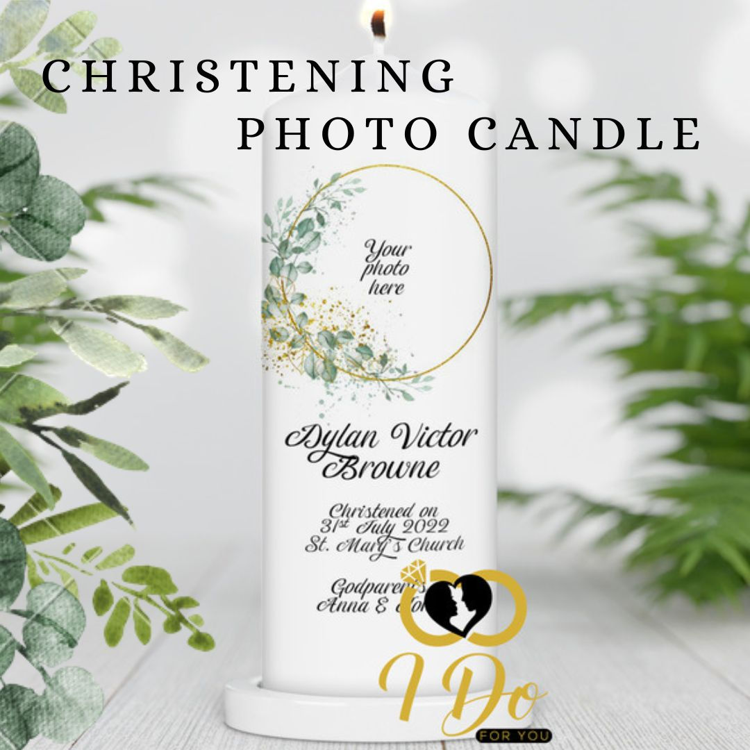 Personalised eucalyptus Christening photo candle
