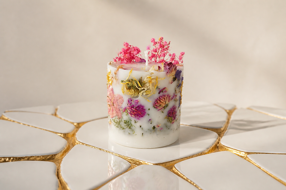 Luxury Botanical Flower Soy Candle handmade in Ireland with natural soy wax and real dried flowers, featuring a vibrant citru