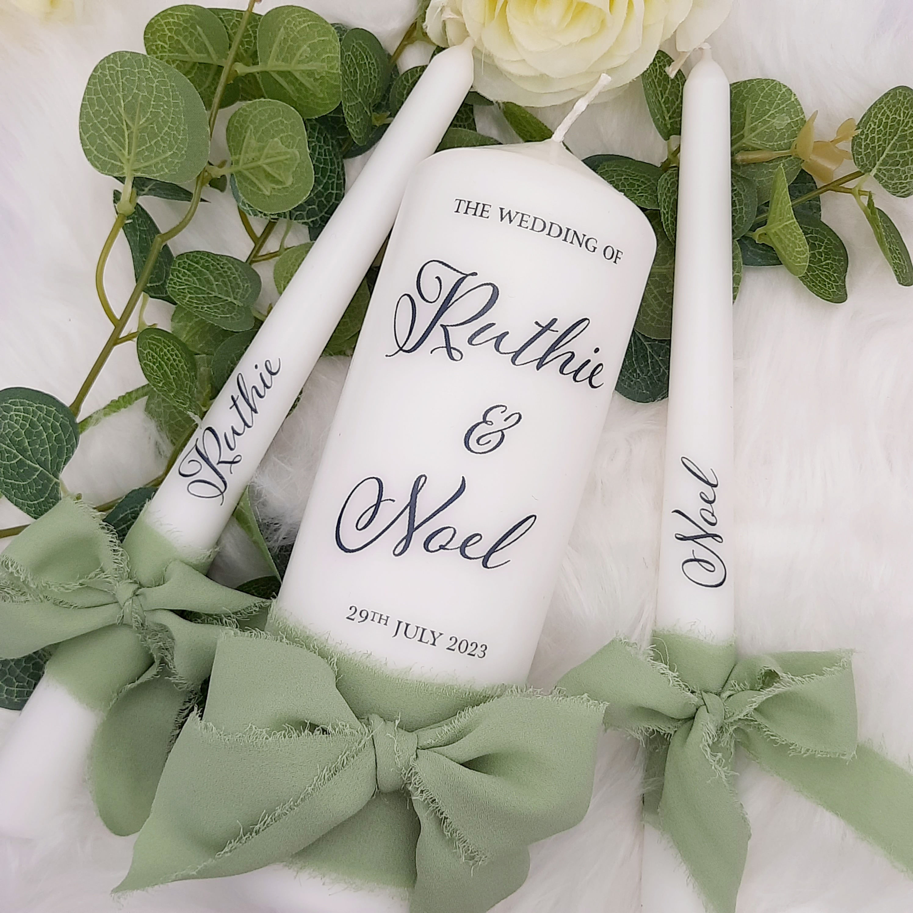 Personalised wedding candles with matching ribbon bow Ireland