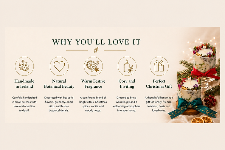Benefits of the Winter Collection including handmade in Ireland, botanical details and festive fragrance