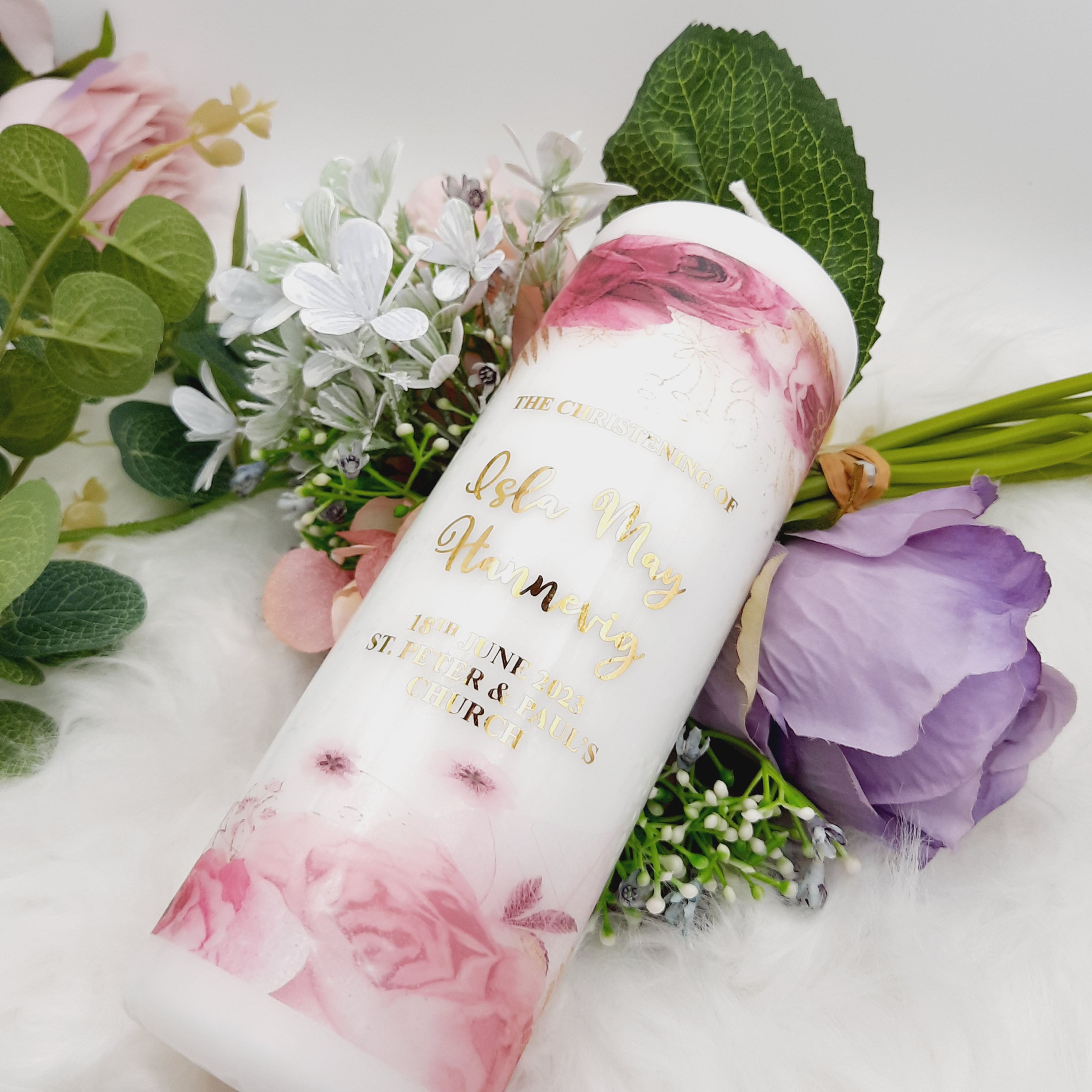 Pink Christening / Baptism candle  -  Cora with gold letters