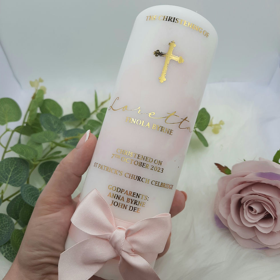 Thumbnail: Personalised Gold Christening / Baptism candle with light pink ribbon In Ireland