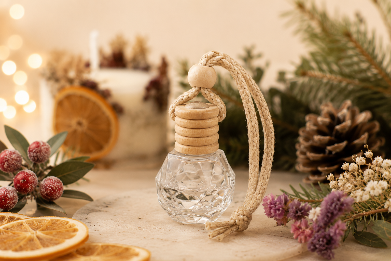 Winter car freshener in a faceted glass bottle surrounded by dried orange, berries and evergreen branches