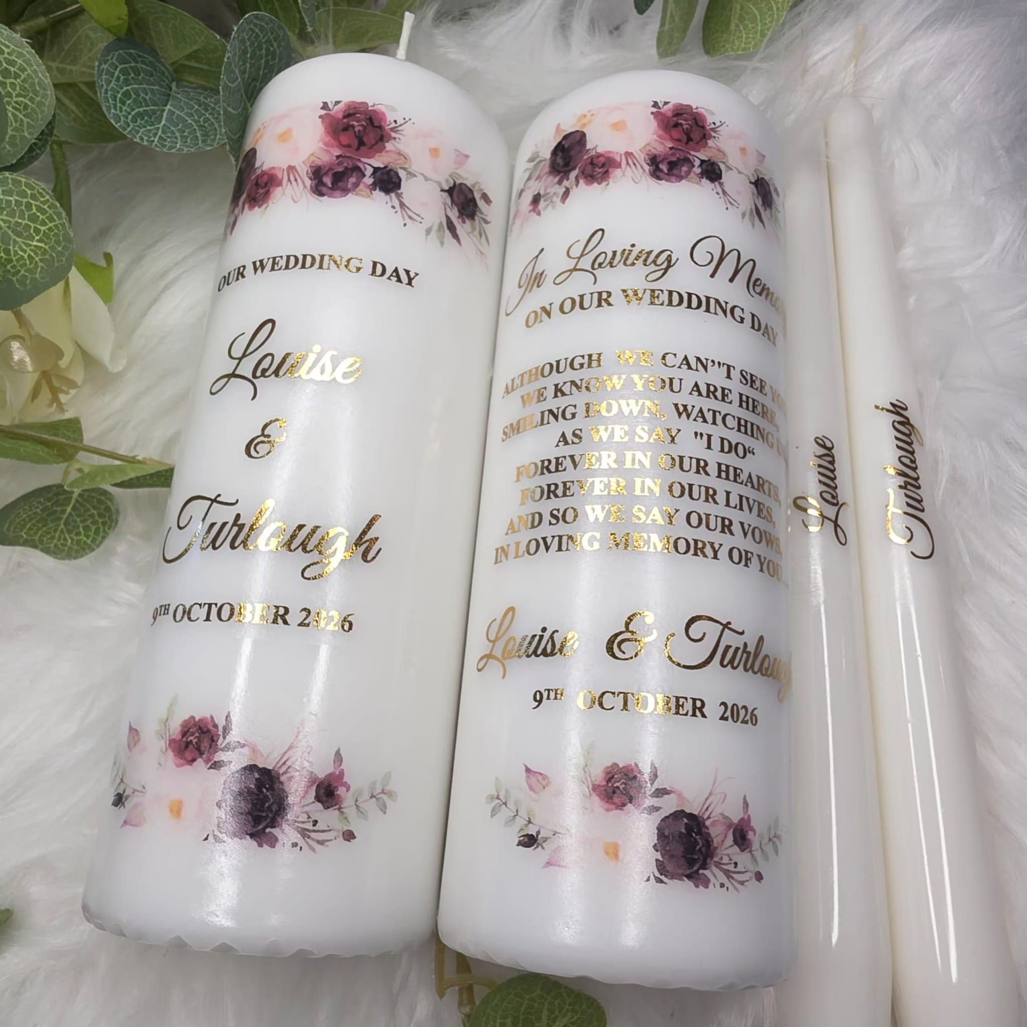 Burgundy Wedding Unity Candles with gold lettering, floral design, personalised tapers and matching remembrance candle