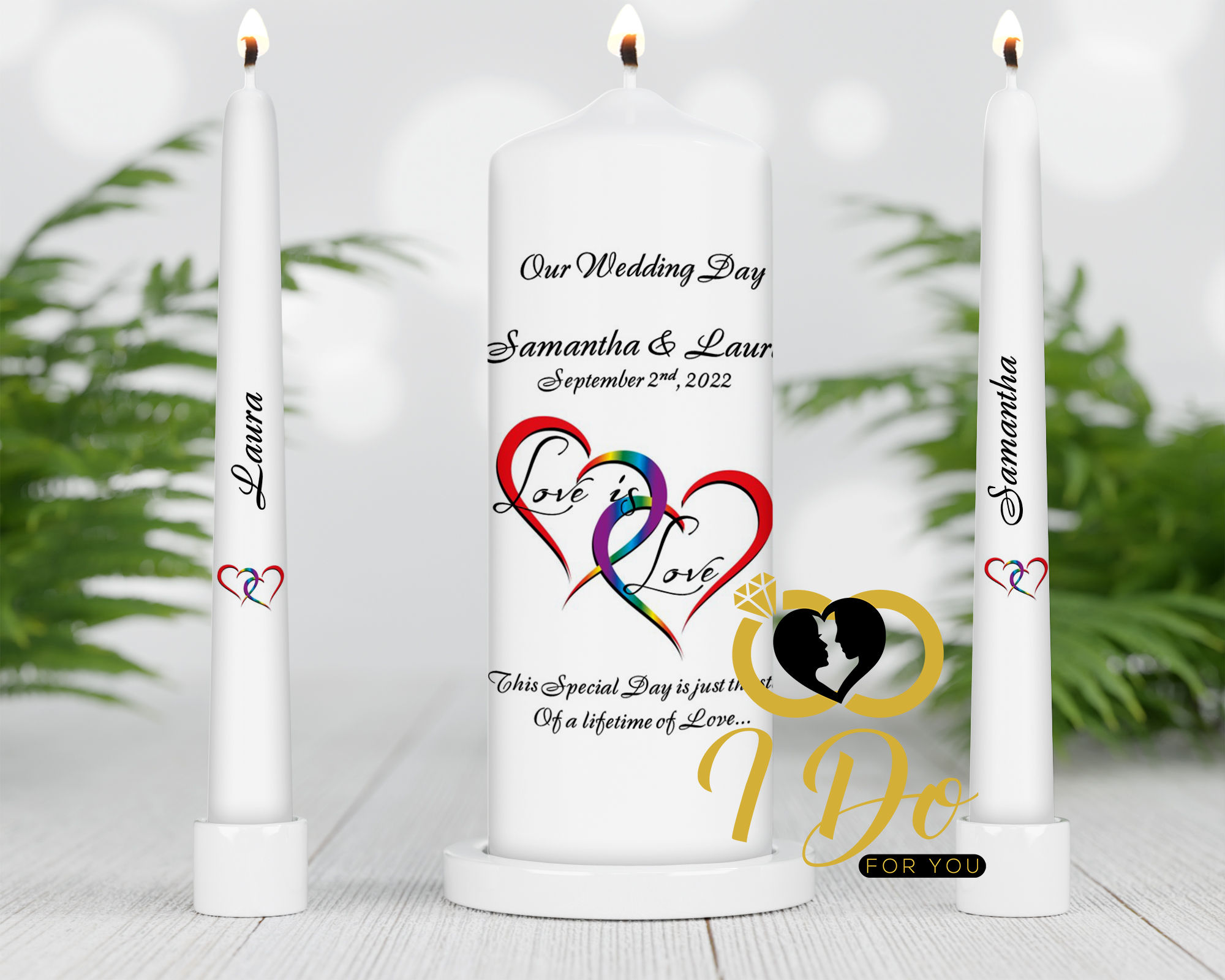 Love is Love Personalised Wedding candles / Mrs & Mrs