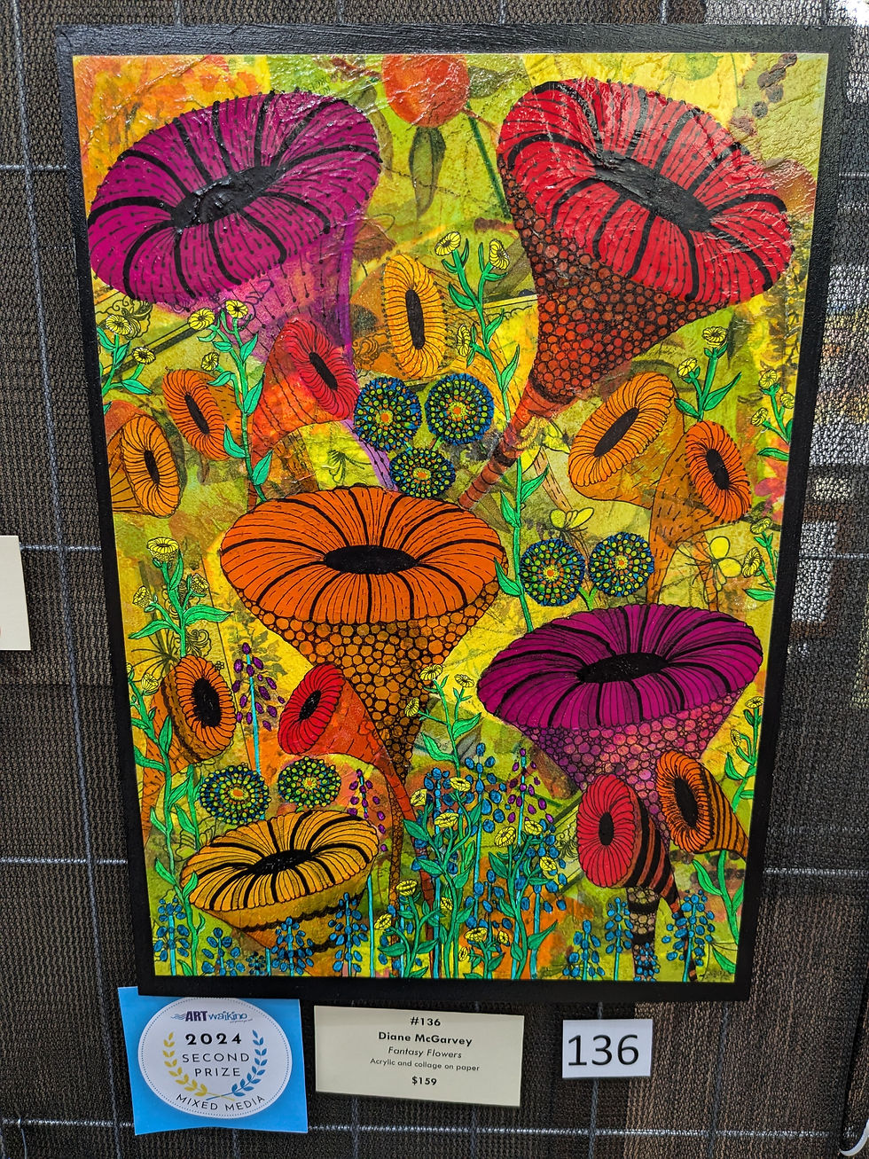 Second in Mixed Media - Diane McGarvey - Fantasy Flowers (Acrylic and collage on paper)