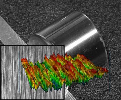 This photo shows bearing surface as seen by 2D and 3D scanning measurement. The surface peaks and asperities are typical of machined or ground surfaces.