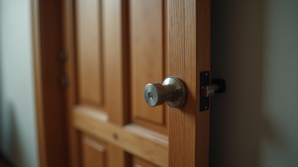 High angle view of a smart lock installed on a front door
