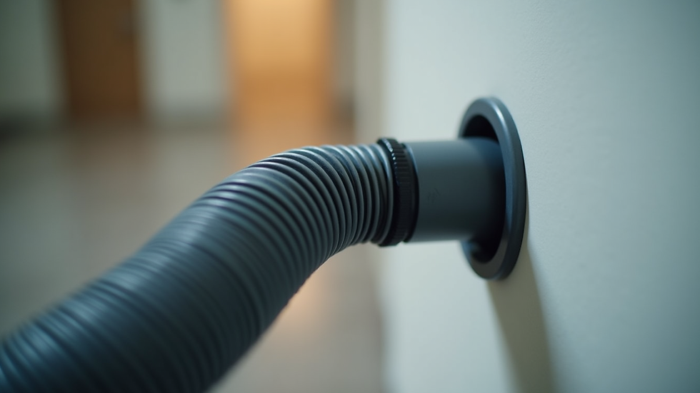 Close-up view of a central vacuum hose connected to a wall inlet