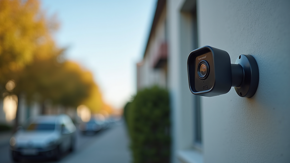 High angle view of a smart security camera mounted on a wall