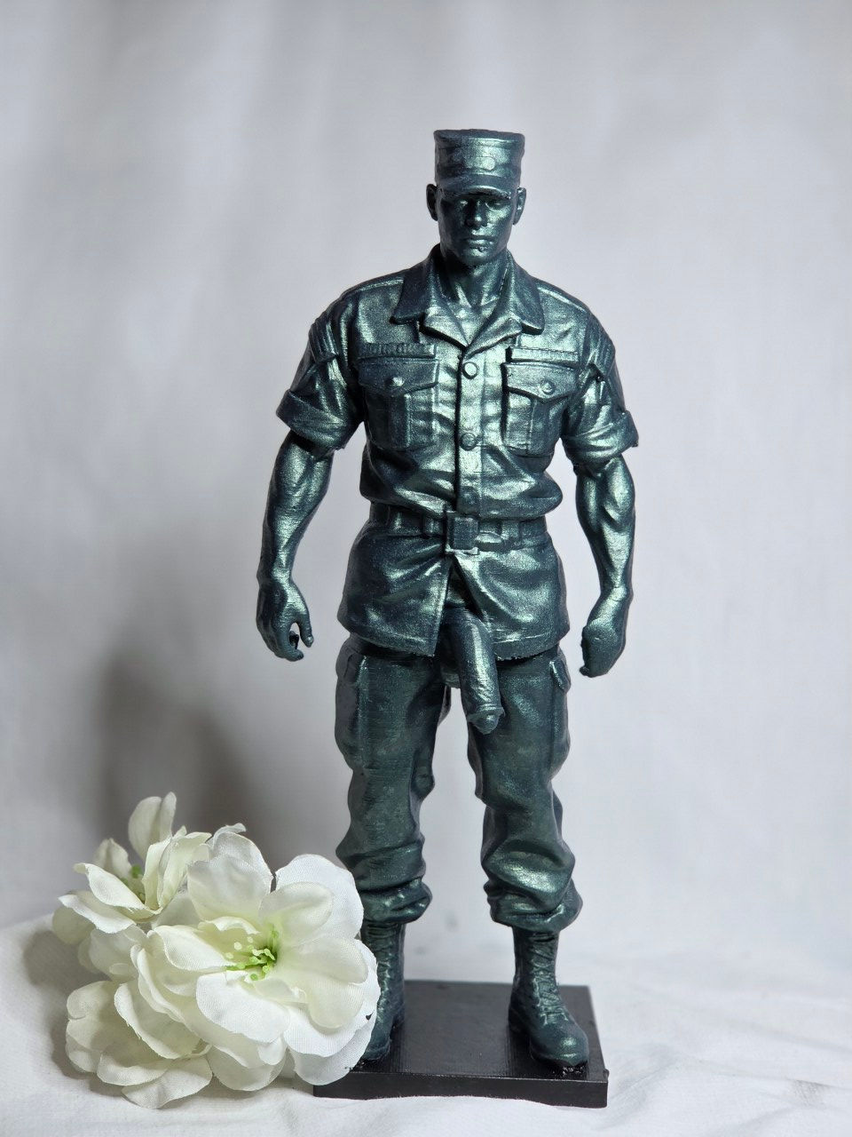 Duty and Pride: Metallic Green Military Male Nude Statue