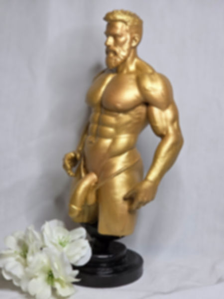 Golden Hung Hunk Statue – Muscular Bearded Male Sculpture, Modern Gay Decor