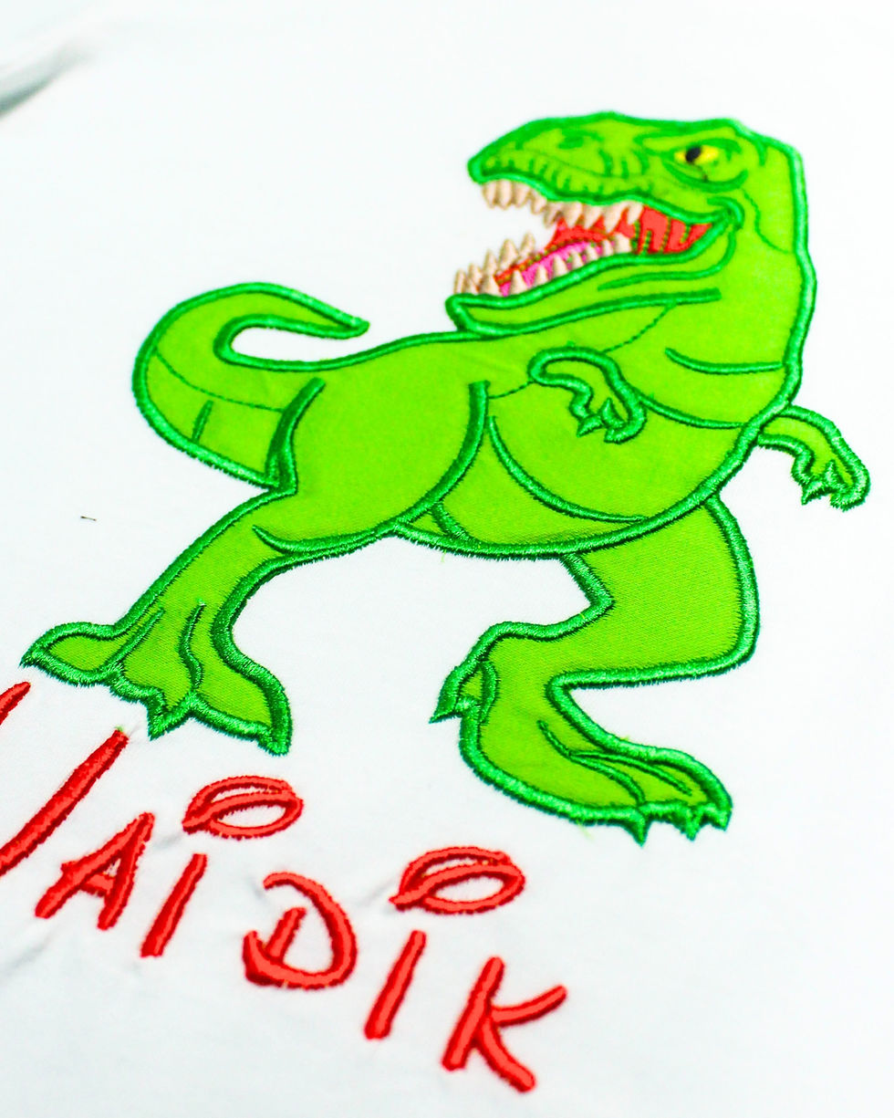 a photo of a dinosaur and a name embroidered on it