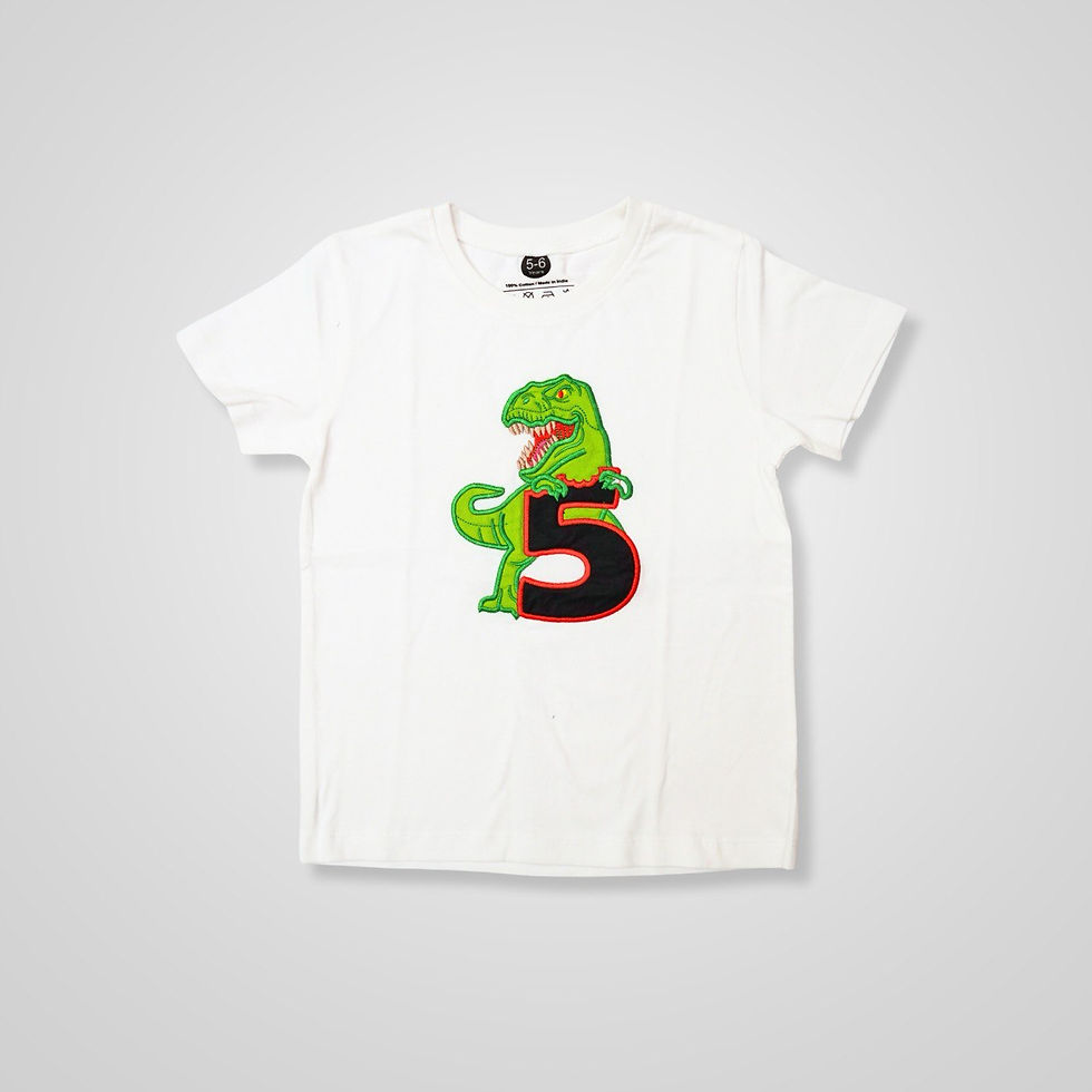 a photo of a t shirt by Hugs&Hues having a dinosaur and number 5 embroidered on it