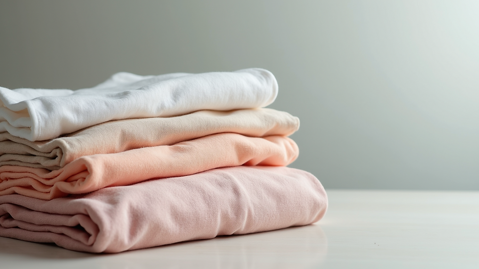 High angle view of folded custom baby clothes in pastel colors