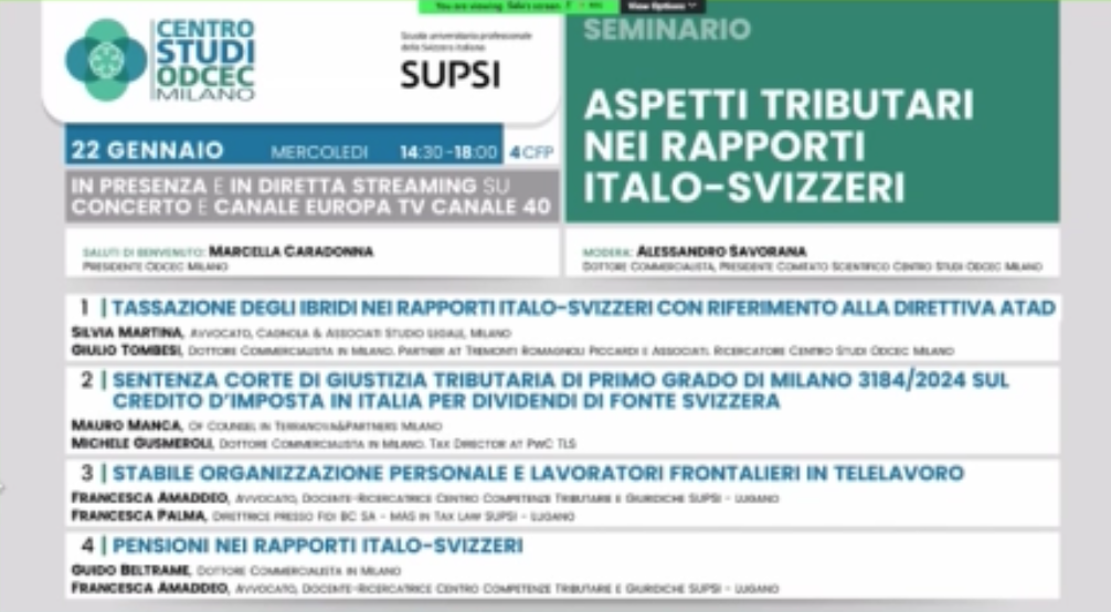 Aspetti tributari nei rapporti italo svizzeri 22 Gennaio 2025