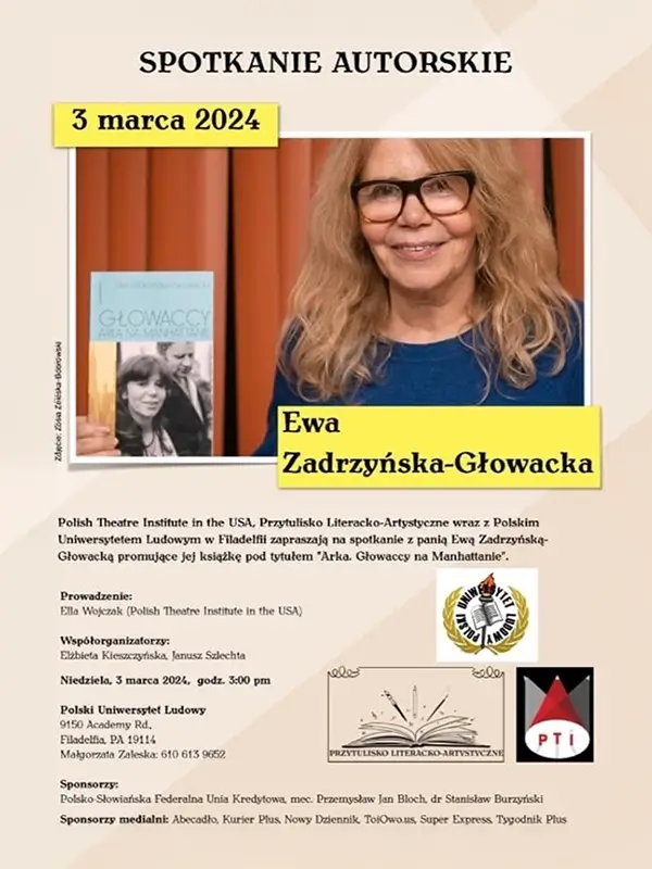 Book Club Polskiego Instytutu Teatralnego i Przytulisko Literackie - Literackie spotkanie z Ewą Zadrzyńską-Głowacką i jej ksiażką Arka. Głowaccy na Manhattanie