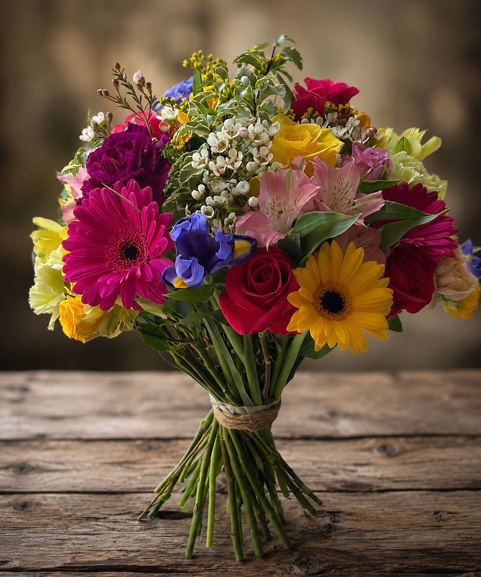 Colourful hand-tied luxury bouquet with sunflowers