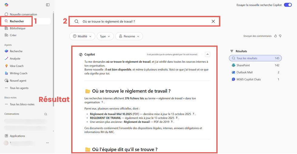 Capture d'écran de recherche de document dans Microsoft Copilot Search