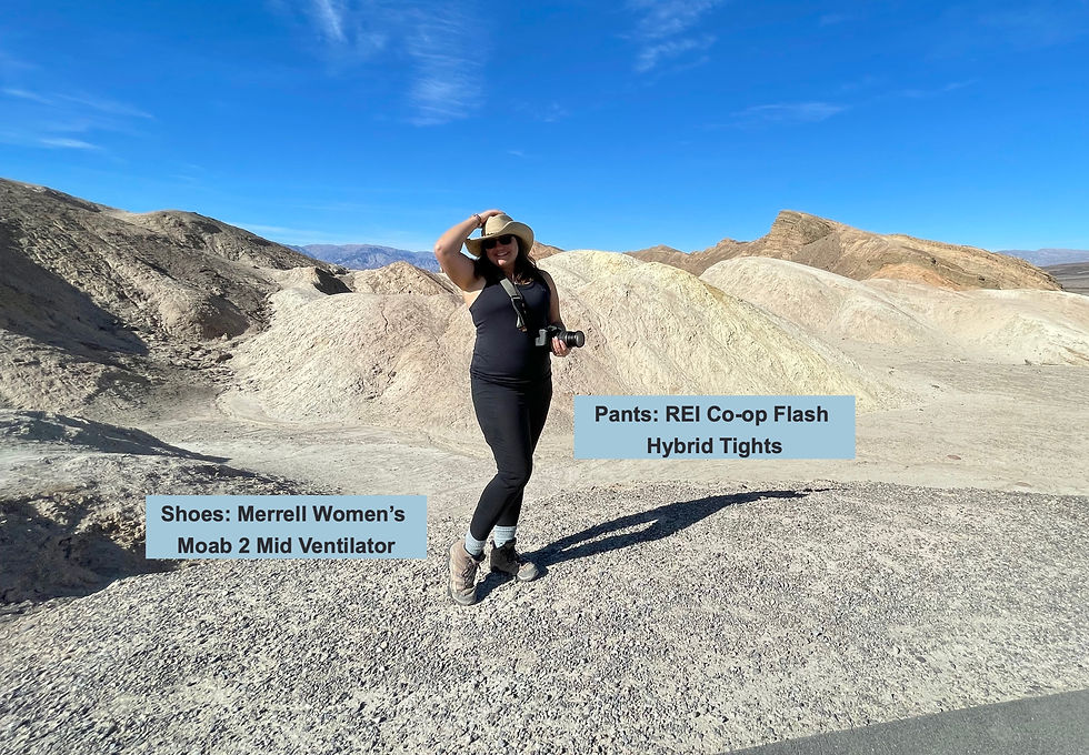 Nikki Villoria at Death Valley National Park with call outs for hiking clothing items. NVilloria.com