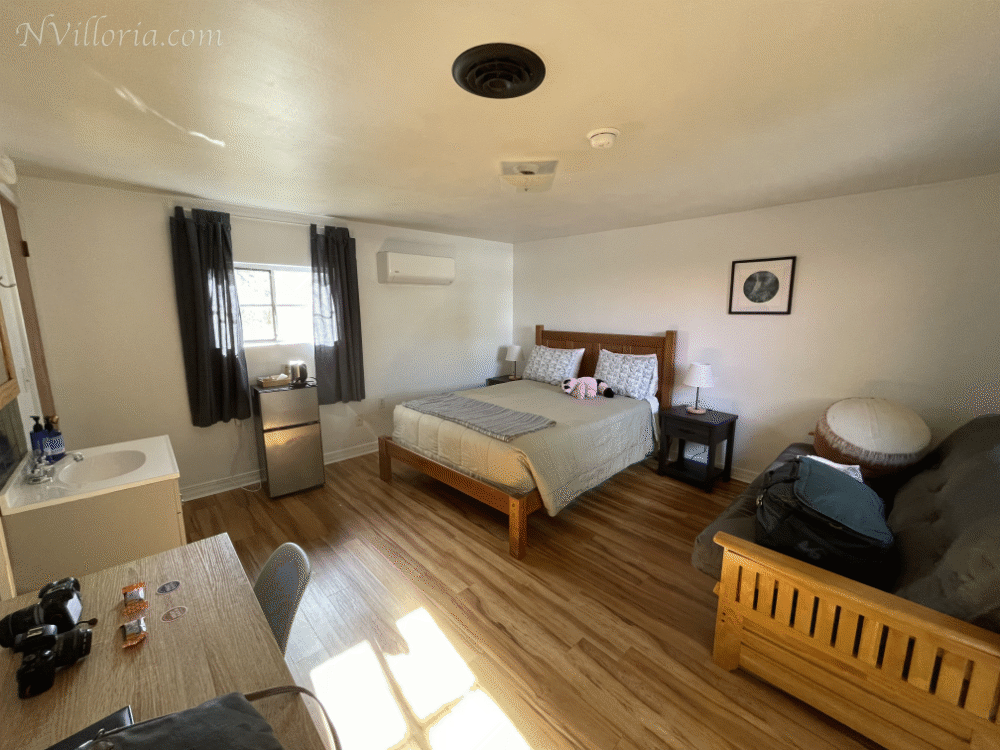 A hotel room inside The Stargazer Inn in Baker, NV - via NVilloria.com travel blog