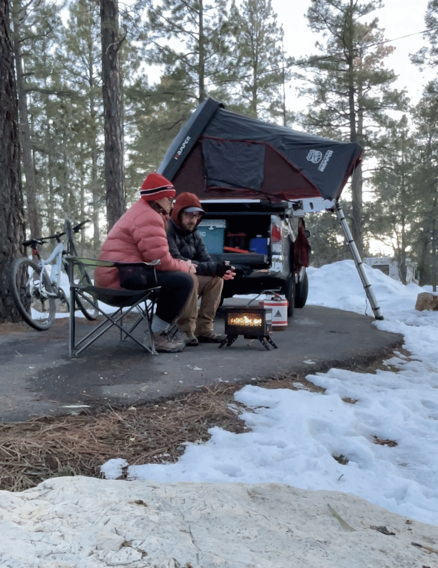 iKamper Skycamp Mini on a 5-foot bed Toyota Tacoma in a snowy campground - via NVilloria.com 