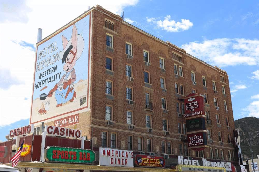 Views from the sidewalk of the exterior of a brick building in Ely, Nevada - via NVilloria.com