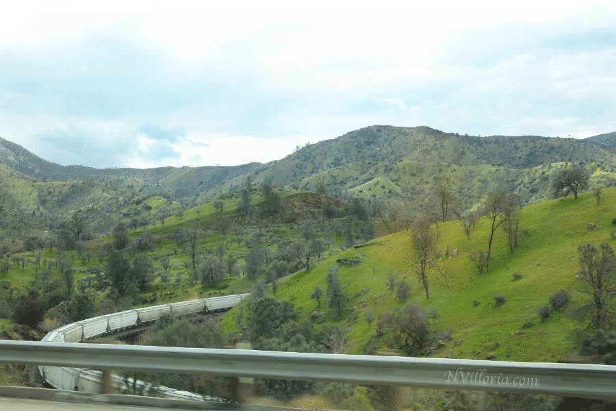 Rolling hills covered in grass and trees. A train can be seen going around one of the hills. Blog photo from NVilloria.com
