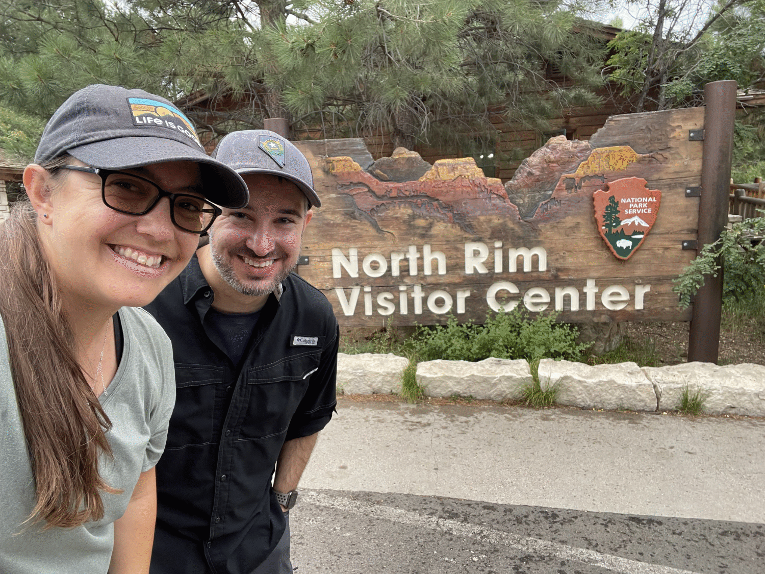 Nikki and Jason at the visitor center sign for the Grand Canyon North Rim - via NVilloria.com