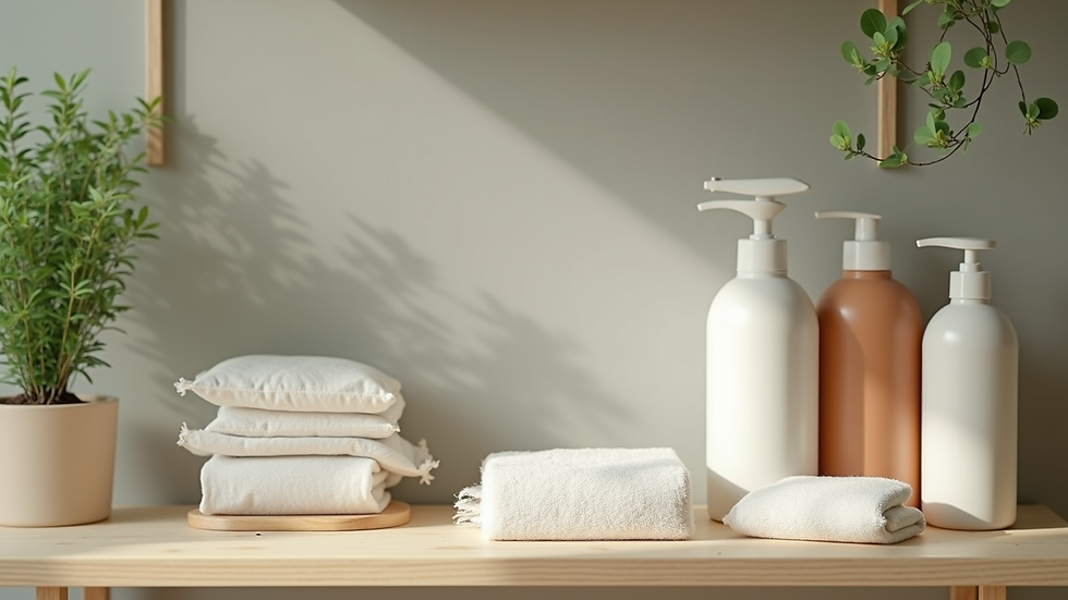 Close-up of eco-friendly cleaning supplies arranged neatly on a shelf