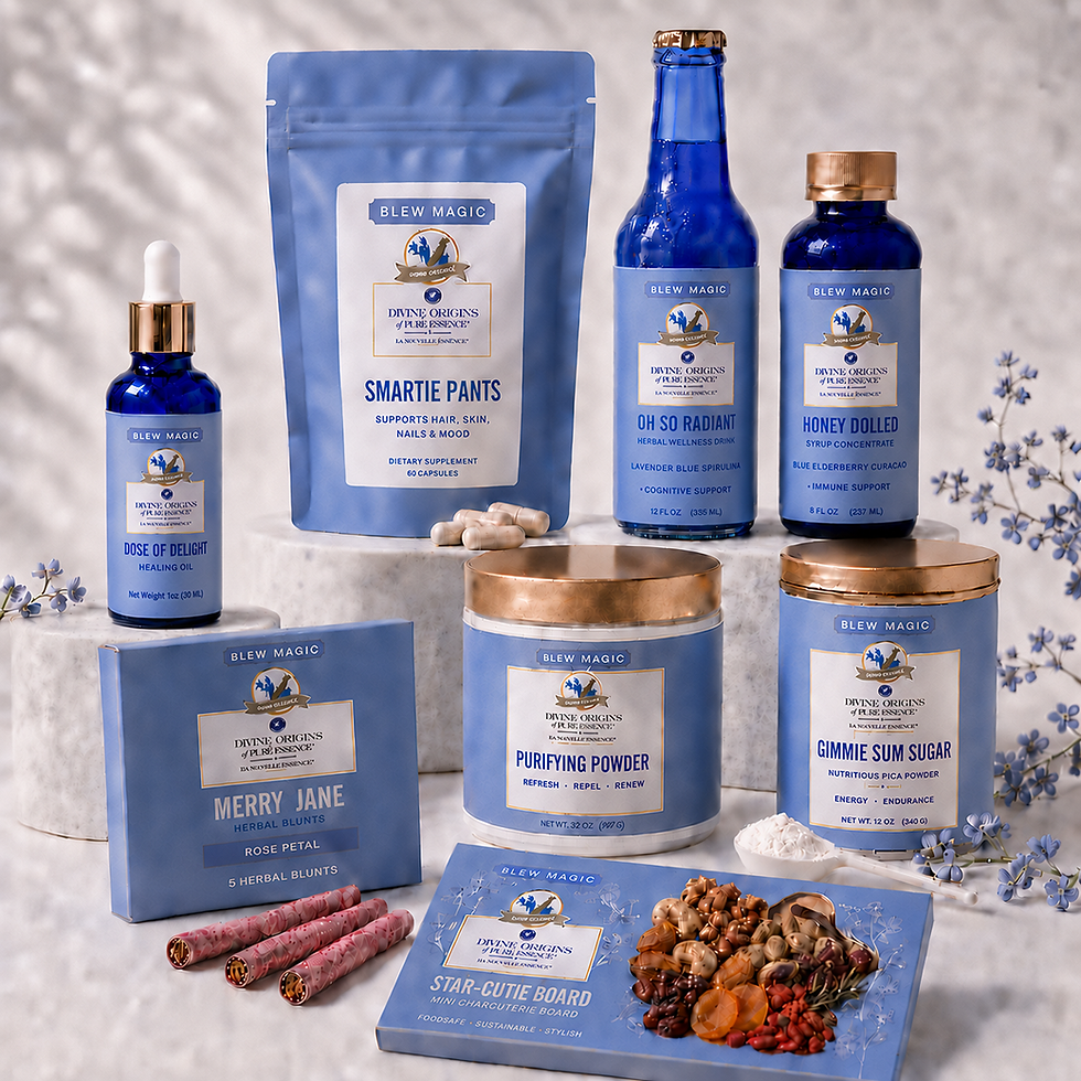 Blue-labeled health supplements, powders, and snacks