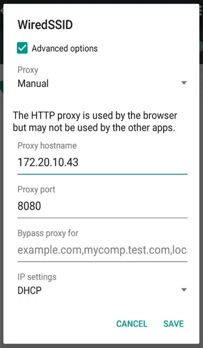 Proxy hostname and port configured manually