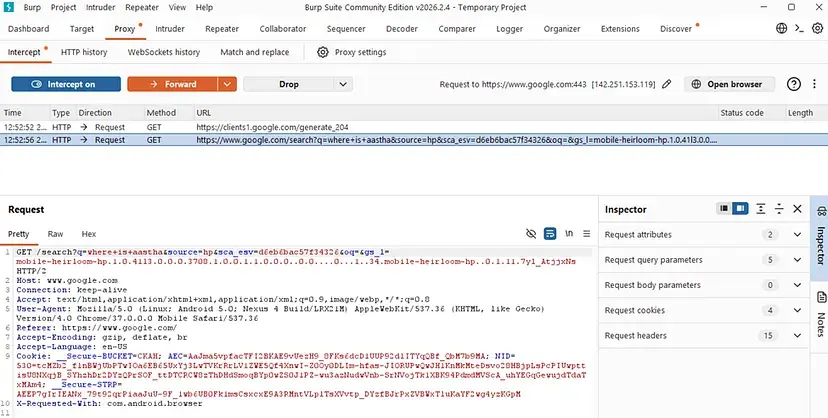 Burp Suite successfully intercepting HTTPS traffic from Android emulator