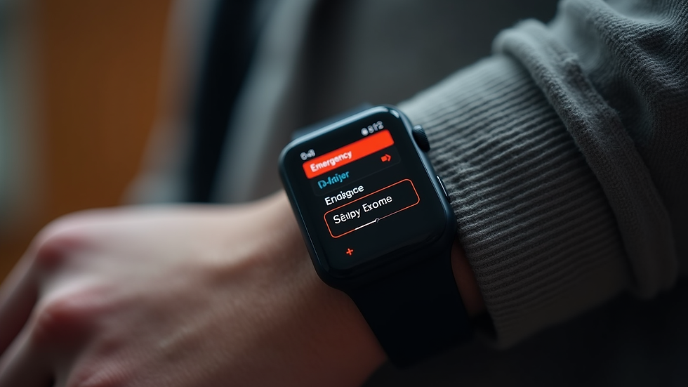 Close-up view of a smartwatch displaying emergency alert features