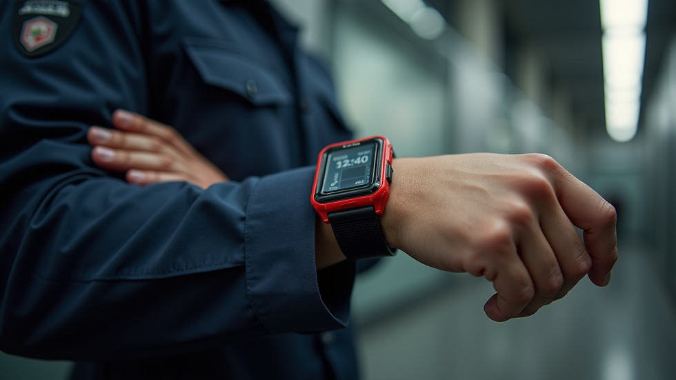 Close-up view of a personal emergency response device worn on a wrist