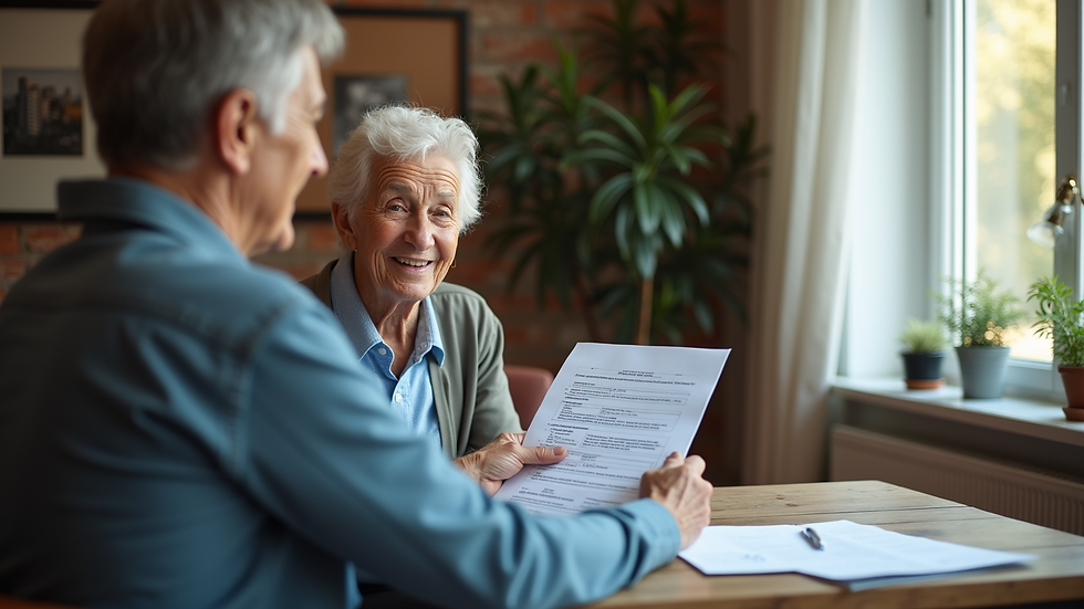 High angle view of a senior receiving assistance with paperwork