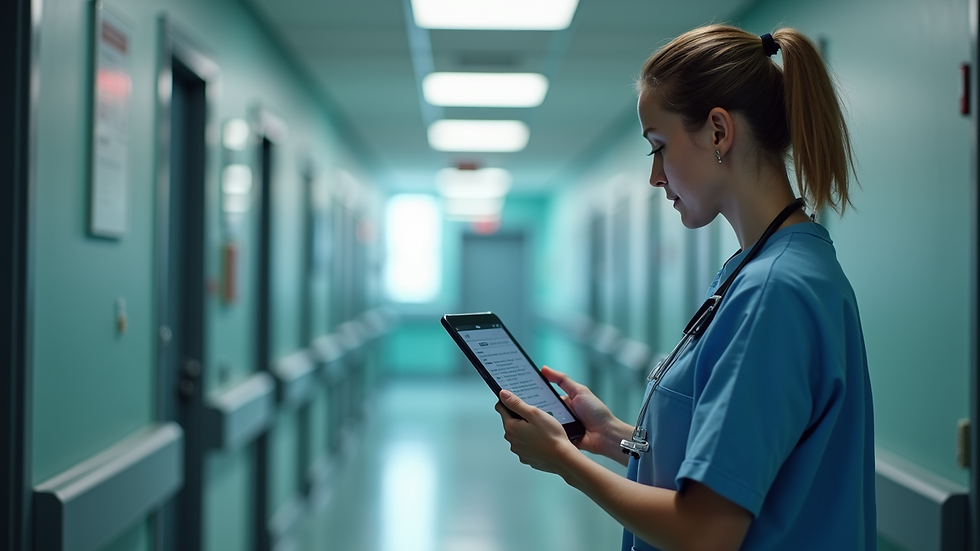 Eye-level view of hospital nurse responding to bed exit alarm alert on tablet