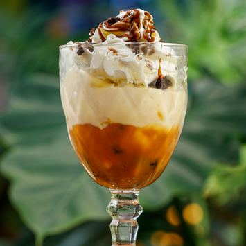 Taça de sobremesa gelada com chantilly e calda de caramelo.