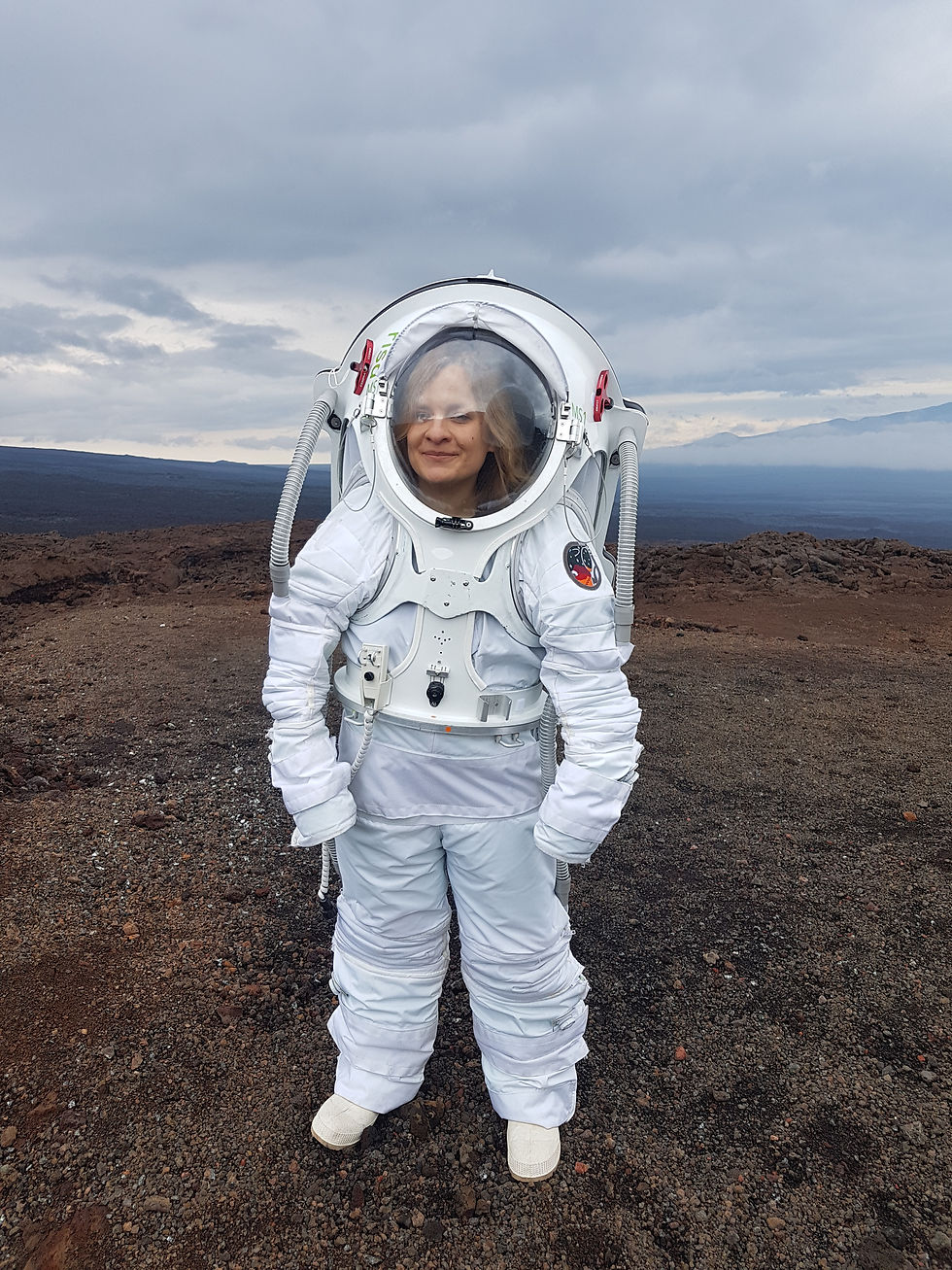female astrobiologist in a spacesuit