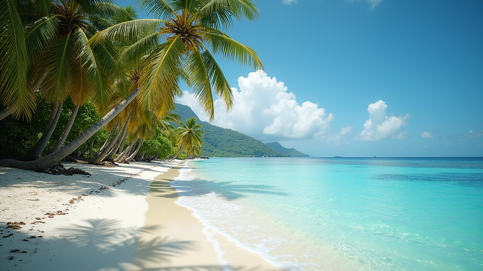 Wide angle view of a tropical beach with clear blue waters