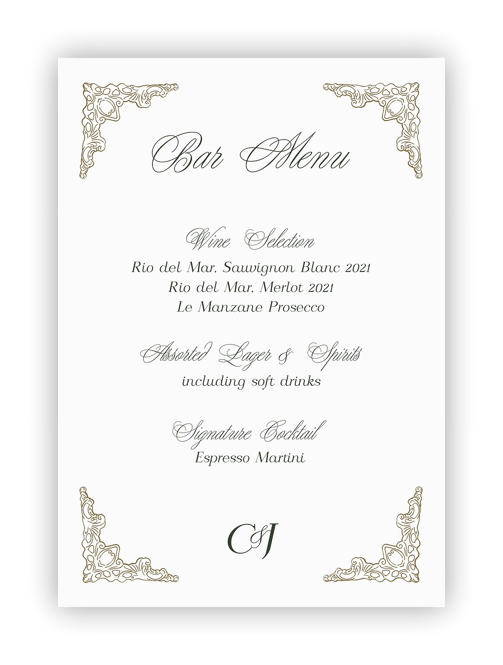wedding bar menu signage